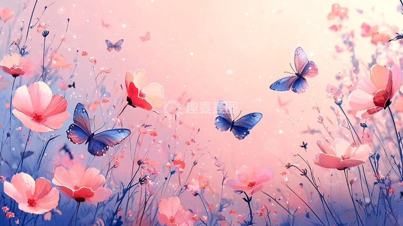 高清大图下载【趣麦麦图】粉色花田蝴蝶
