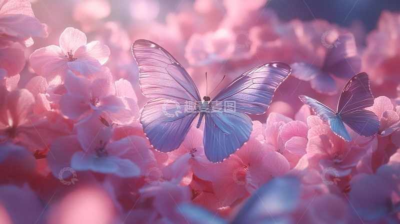 高清大图下载【趣麦麦图】粉色花丛中梦幻蝴蝶