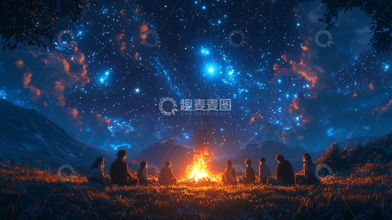 高清大图下载【趣麦麦图】篝火晚会星空夜景