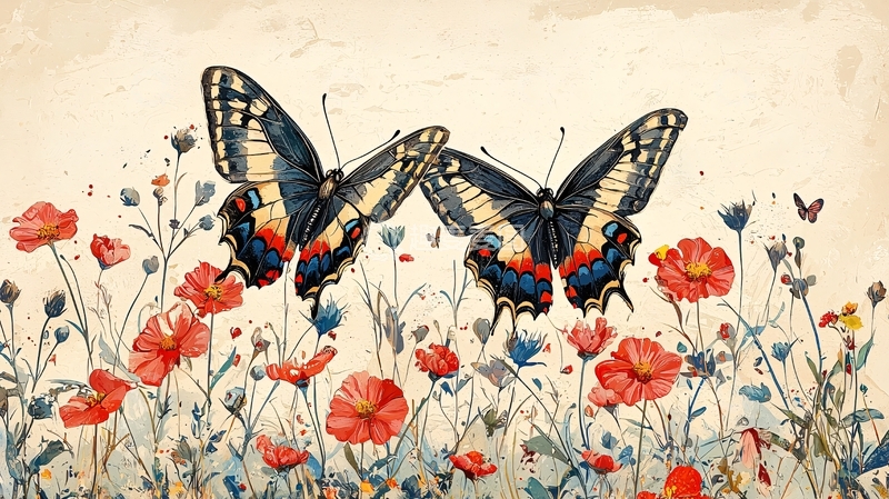 高清大图下载【趣麦麦图】双蝶花丛水彩画