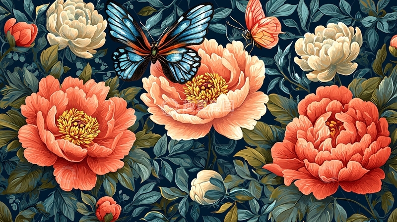 高清大图下载【趣麦麦图】蓝蝴蝶与牡丹花图案