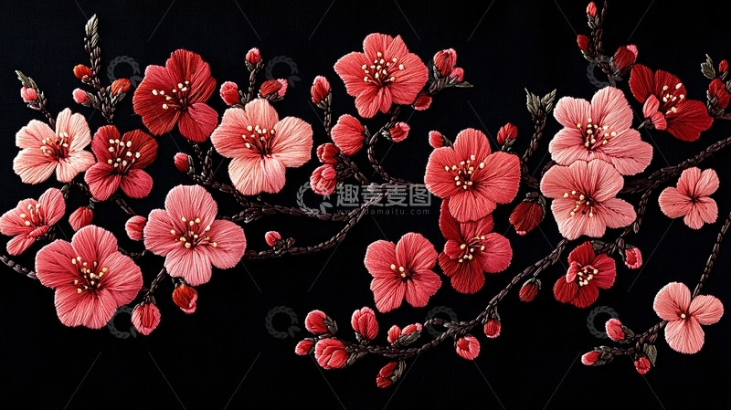 高清大图下载【趣麦麦图】精美刺绣樱花枝条