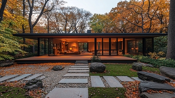 秋日森林中的现代玻璃住宅