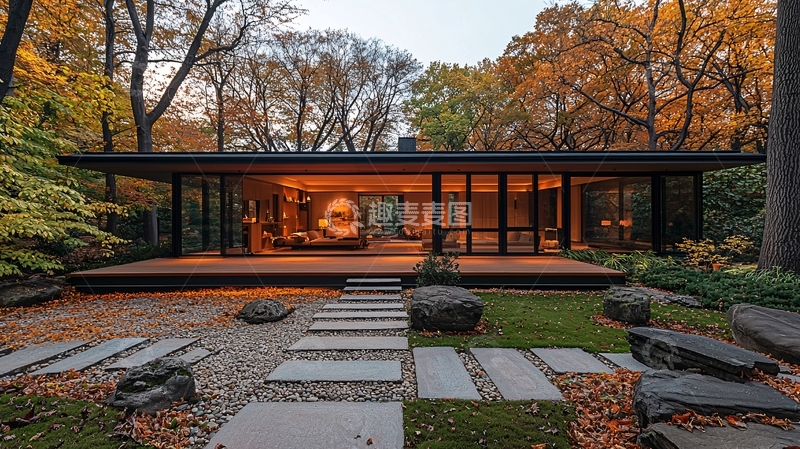 高清大图下载【趣麦麦图】秋日森林中的现代玻璃住宅