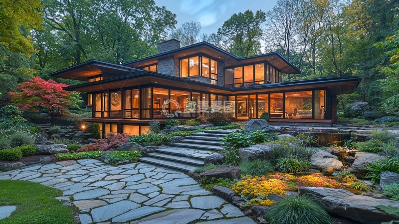 高清大图下载【趣麦麦图】夜晚森林别墅