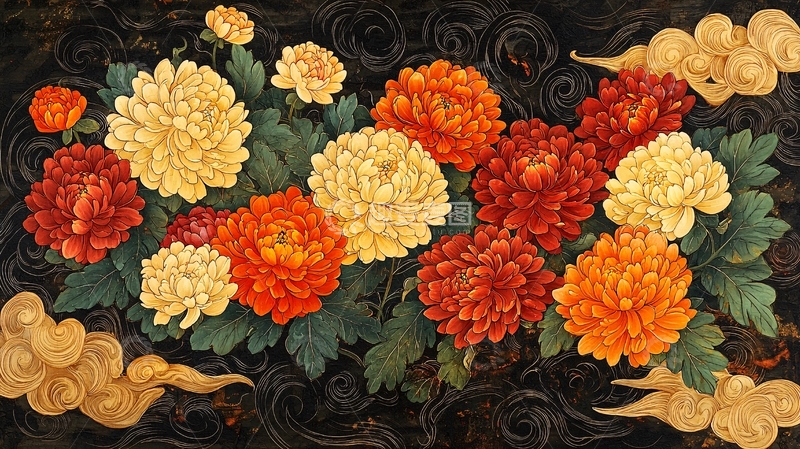 高清大图下载【趣麦麦图】黑底金黄橘红菊花图