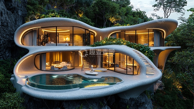 高清大图下载【趣麦麦图】海边崖壁上的现代别墅