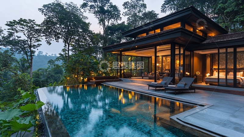 高清大图下载【趣麦麦图】山林别墅泳池夜景