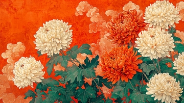 红底白菊花橙色菊花