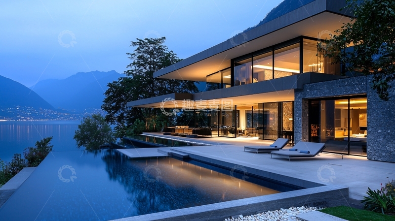 高清大图下载【趣麦麦图】湖景现代别墅夜景