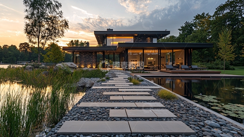 高清大图下载【趣麦麦图】湖边现代别墅