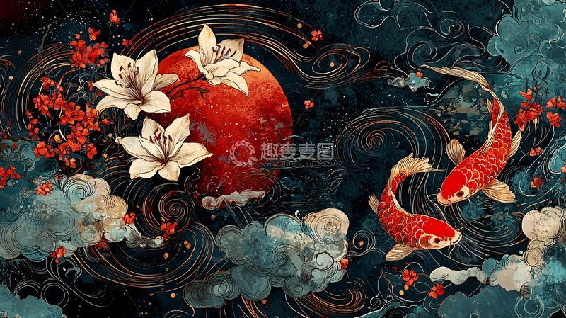 高清大图下载【趣麦麦图】红鲤鱼和百合花水墨画