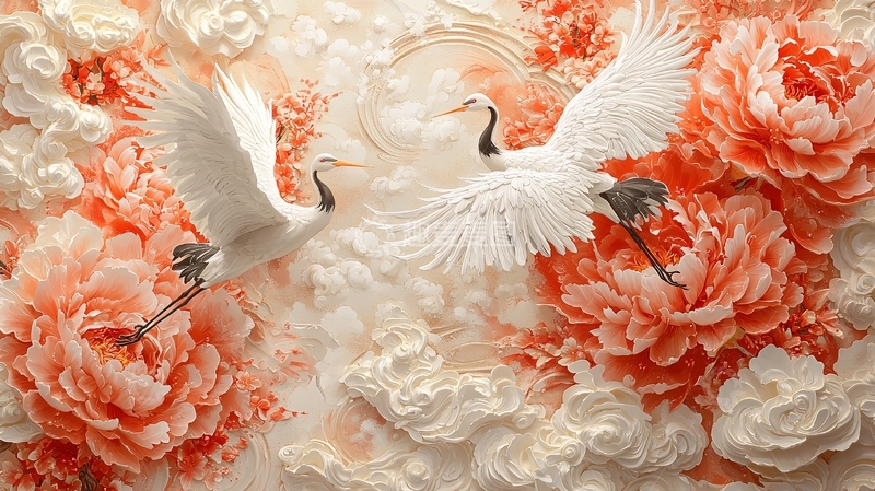 高清大图下载【趣麦麦图】丹顶鹤戏牡丹