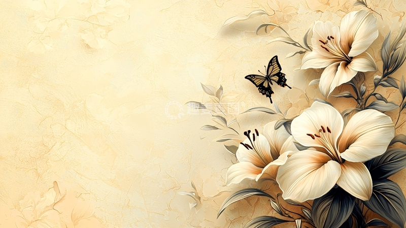 高清大图下载【趣麦麦图】淡雅百合花蝴蝶背景图