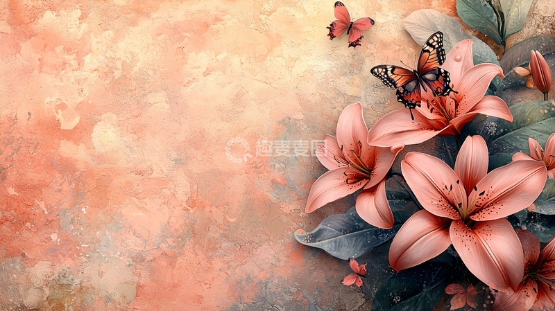 高清大图下载【趣麦麦图】粉色百合花蝴蝶背景