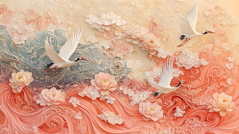 高清大图下载【趣麦麦图】唯美意境白鹤祥云