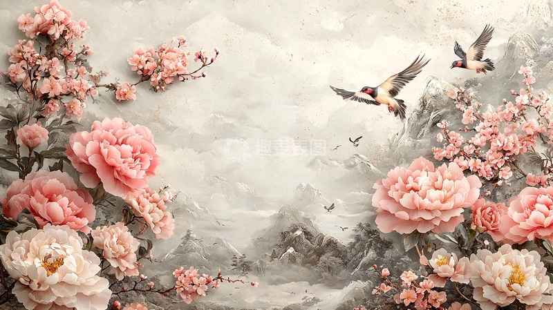 高清大图下载【趣麦麦图】粉色牡丹花鸟图