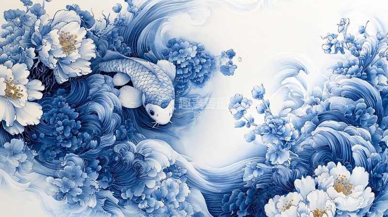高清大图下载【趣麦麦图】蓝白牡丹鲤鱼水墨画