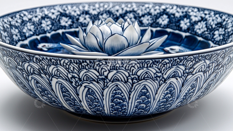 高清大图下载【趣麦麦图】蓝白瓷碗荷花浮雕