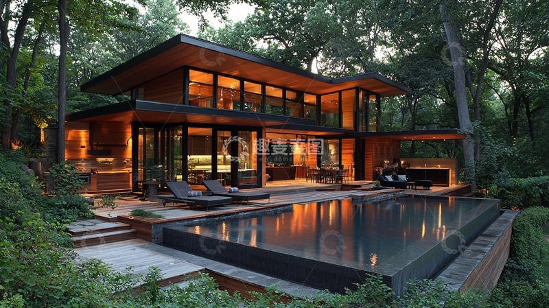 高清大图下载【趣麦麦图】森林别墅夜景