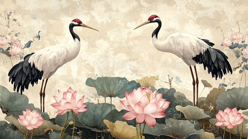 高清大图下载【趣麦麦图】丹顶鹤荷花背景图