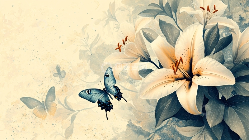 高清大图下载【趣麦麦图】淡雅百合花与蝴蝶