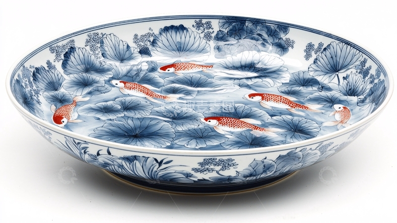 高清大图下载【趣麦麦图】-蓝白瓷鲤鱼荷花大盘