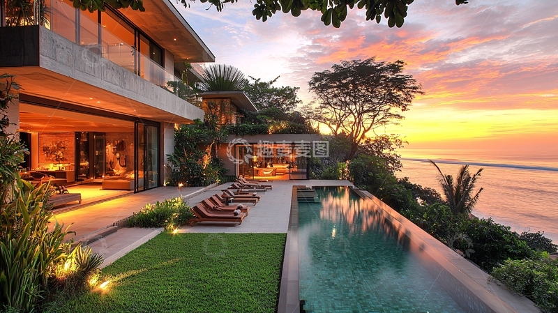 高清大图下载【趣麦麦图】海景别墅落日余晖