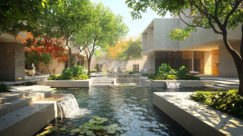 高清大图下载【趣麦麦图】阳光洒在庭院流水之上