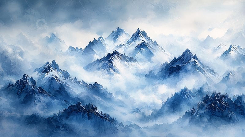 高清大图下载【趣麦麦图】云雾缭绕的蓝色山脉