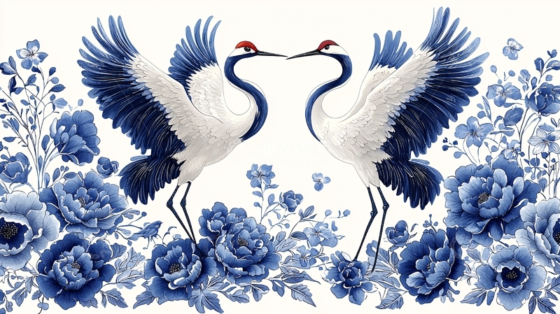 高清大图下载【趣麦麦图】蓝白丹顶鹤花卉图案