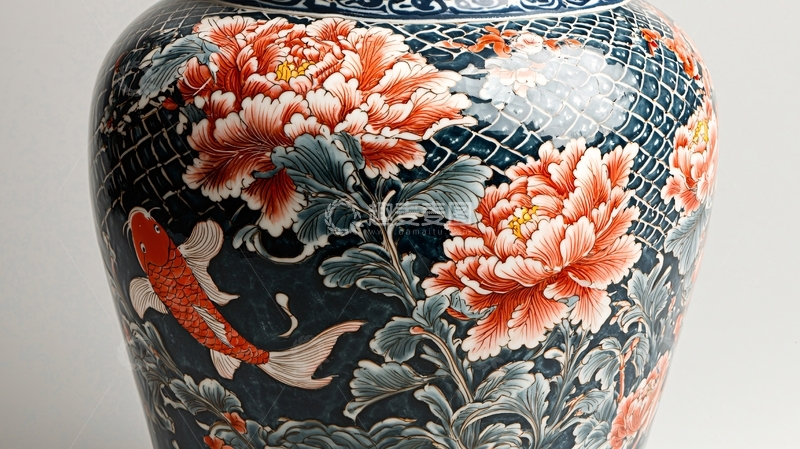 高清大图下载【趣麦麦图】蓝底牡丹鲤鱼瓷瓶