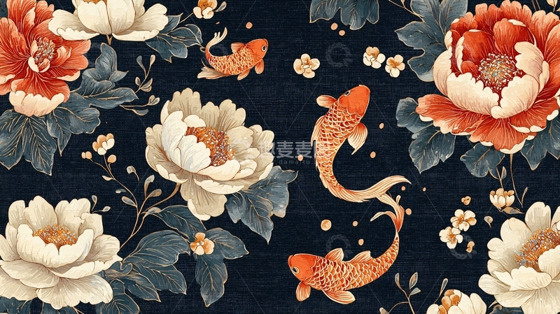 高清大图下载【趣麦麦图】水墨鲤鱼花卉图案