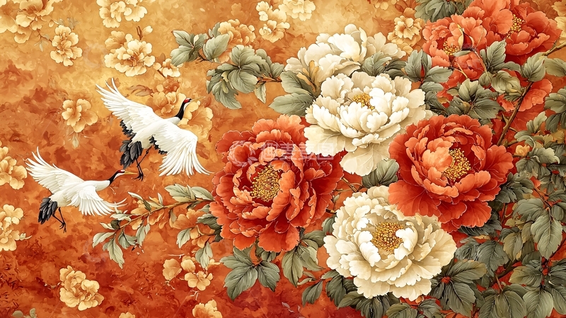 高清大图下载【趣麦麦图】丹顶鹤飞舞牡丹花丛