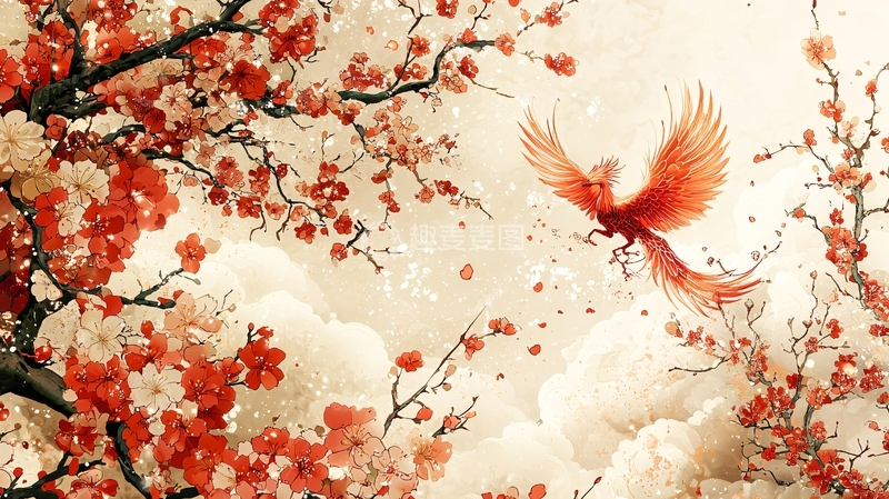 高清大图下载【趣麦麦图】红梅枝头朱雀飞舞