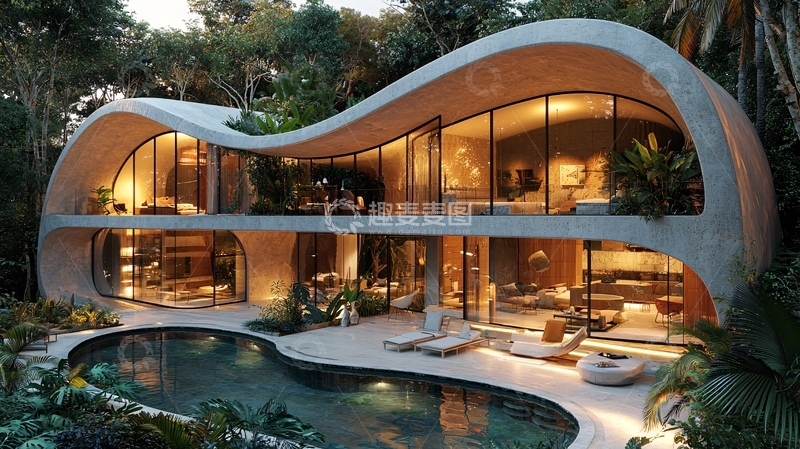 高清大图下载【趣麦麦图】现代曲线别墅夜景