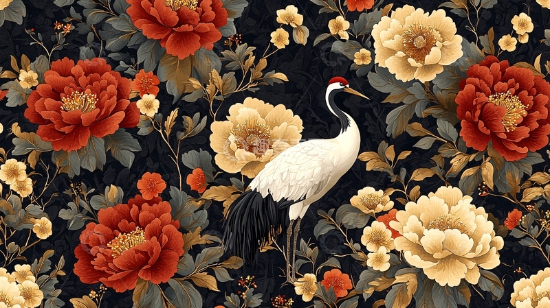 高清大图下载【趣麦麦图】暗黑系牡丹鹤纹样