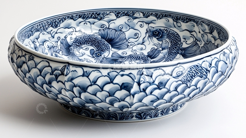 高清大图下载【趣麦麦图】-蓝白瓷器鱼纹浅碗
