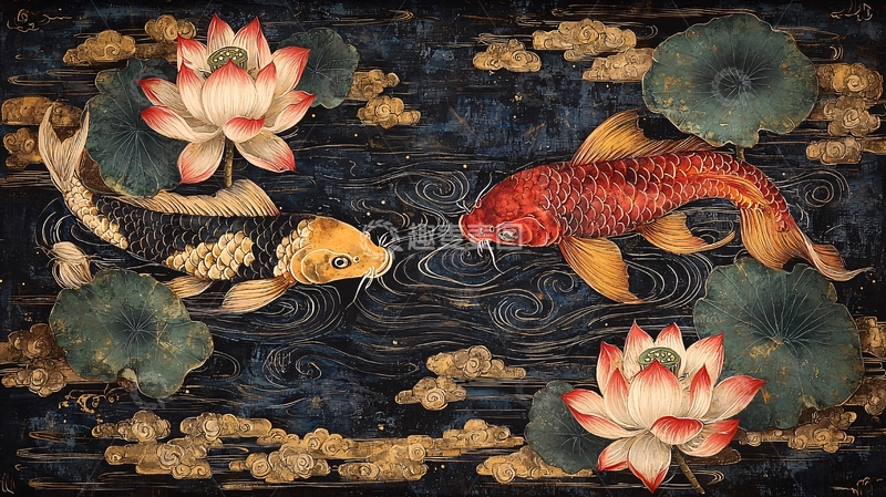 高清大图下载【趣麦麦图】水墨画鲤鱼荷花