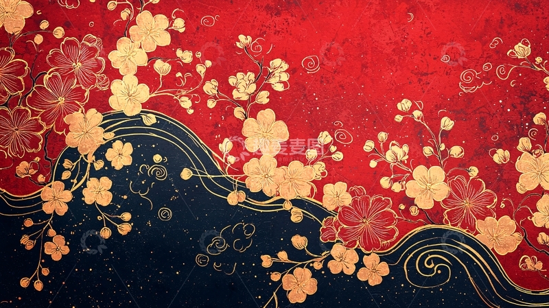 高清大图下载【趣麦麦图】红黑金配色花卉纹理图