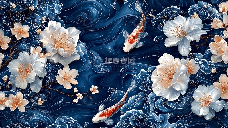 高清大图下载【趣麦麦图】水墨鲤鱼花卉图