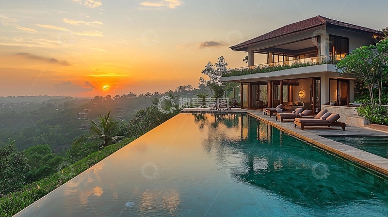 高清大图下载【趣麦麦图】日落山景泳池别墅