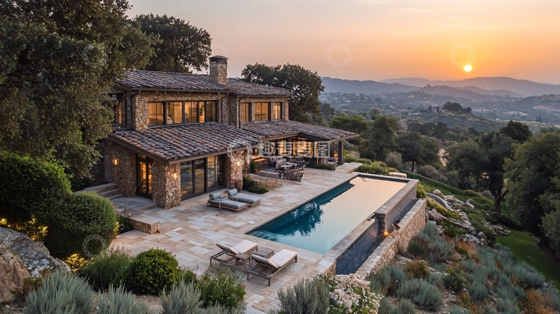 高清大图下载【趣麦麦图】山顶别墅落日美景