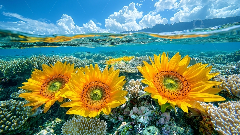 高清大图下载【趣麦麦图】海下向日葵与珊瑚礁