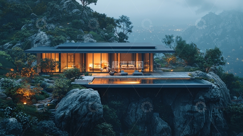 高清大图下载【趣麦麦图】山崖别墅夜景