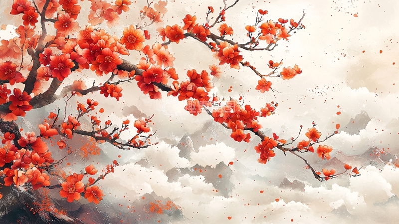 高清大图下载【趣麦麦图】红梅山峰水墨画