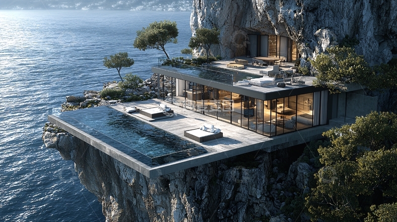 高清大图下载【趣麦麦图】悬崖峭壁上的现代别墅