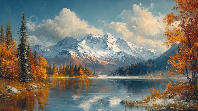 高清大图下载【趣麦麦图】秋日雪山湖泊风景