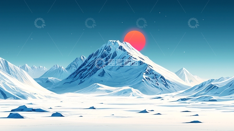 高清大图下载【趣麦麦图】极地雪山红日落日