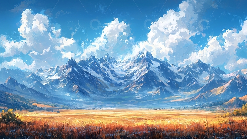 高清大图下载【趣麦麦图】雪山草原风景画